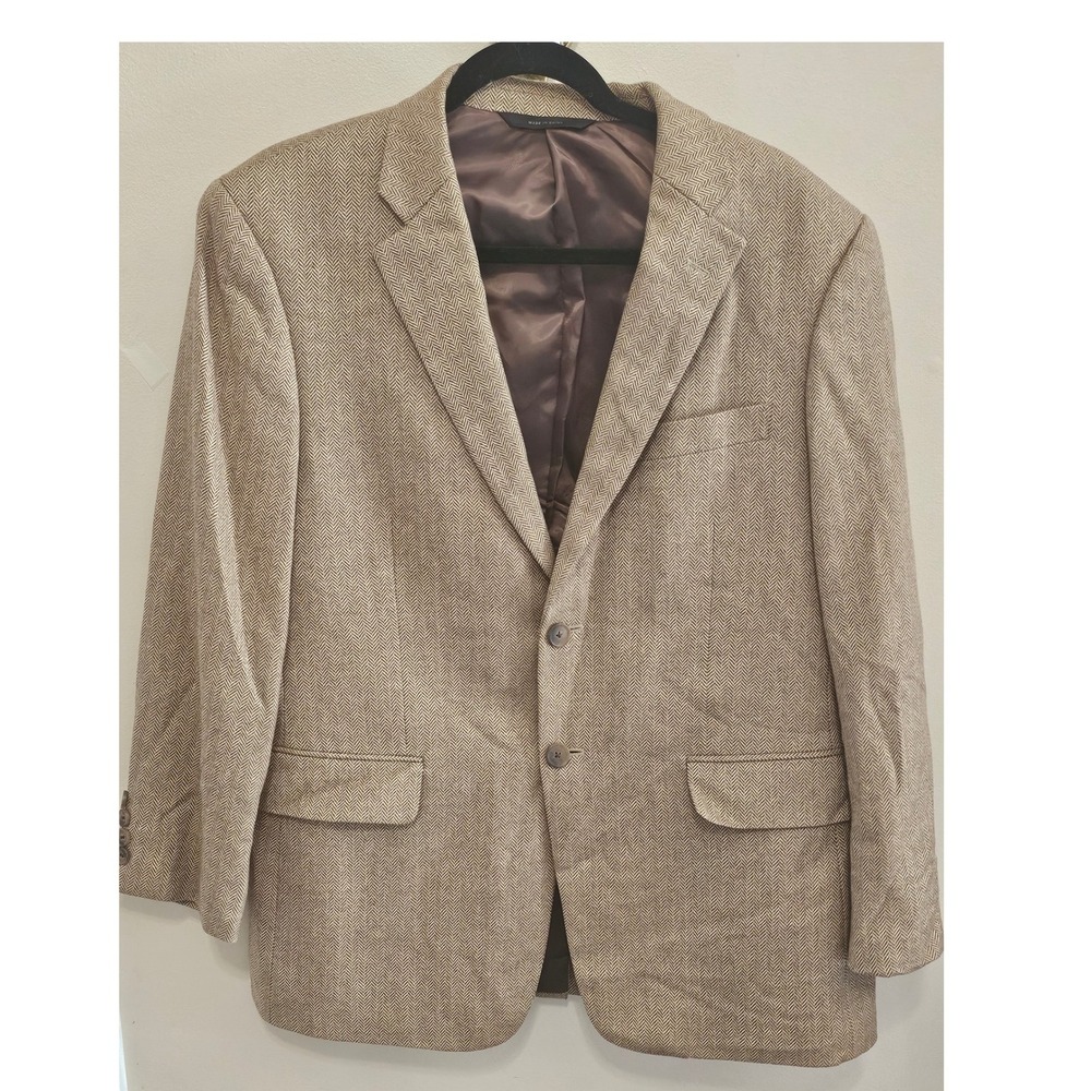 John W. Nordstrom 100% Cashmere Herringbone Blazer Sport Coat Tan 40S Lanificio
